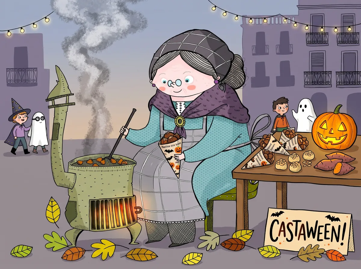 Ilustración de una castañera asando castañas en una calle de Barcelona, con niños disfrazados de Halloween y una calabaza junto al puesto.