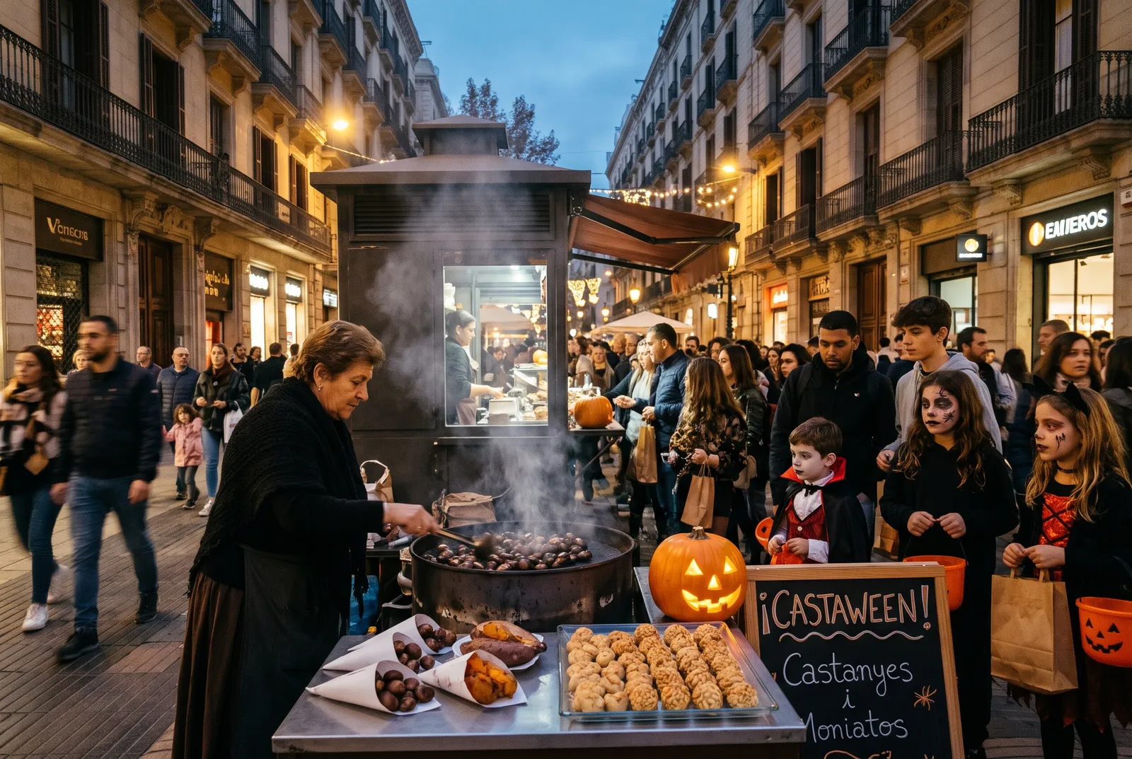 Ilustración del Castaween: una castañera asa castañas en su puesto, con panellets y una calabaza de Halloween, mientras esperan niños disfrazados.