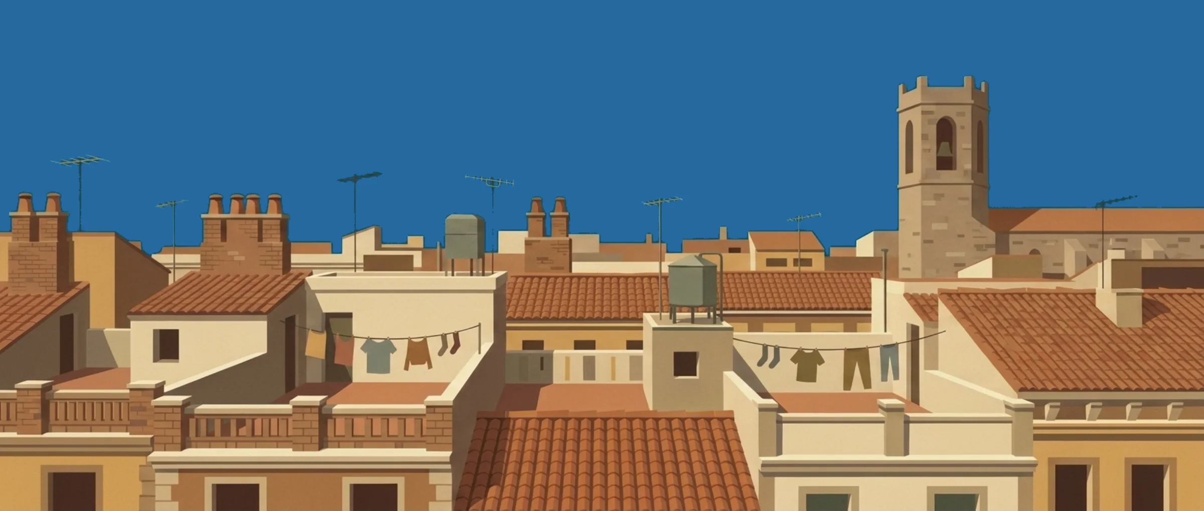 Dibujo de los tejados del Barrio Gótico: tejas, azoteas con ropa tendida, chimeneas, antenas y el campanario de piedra de una iglesia.