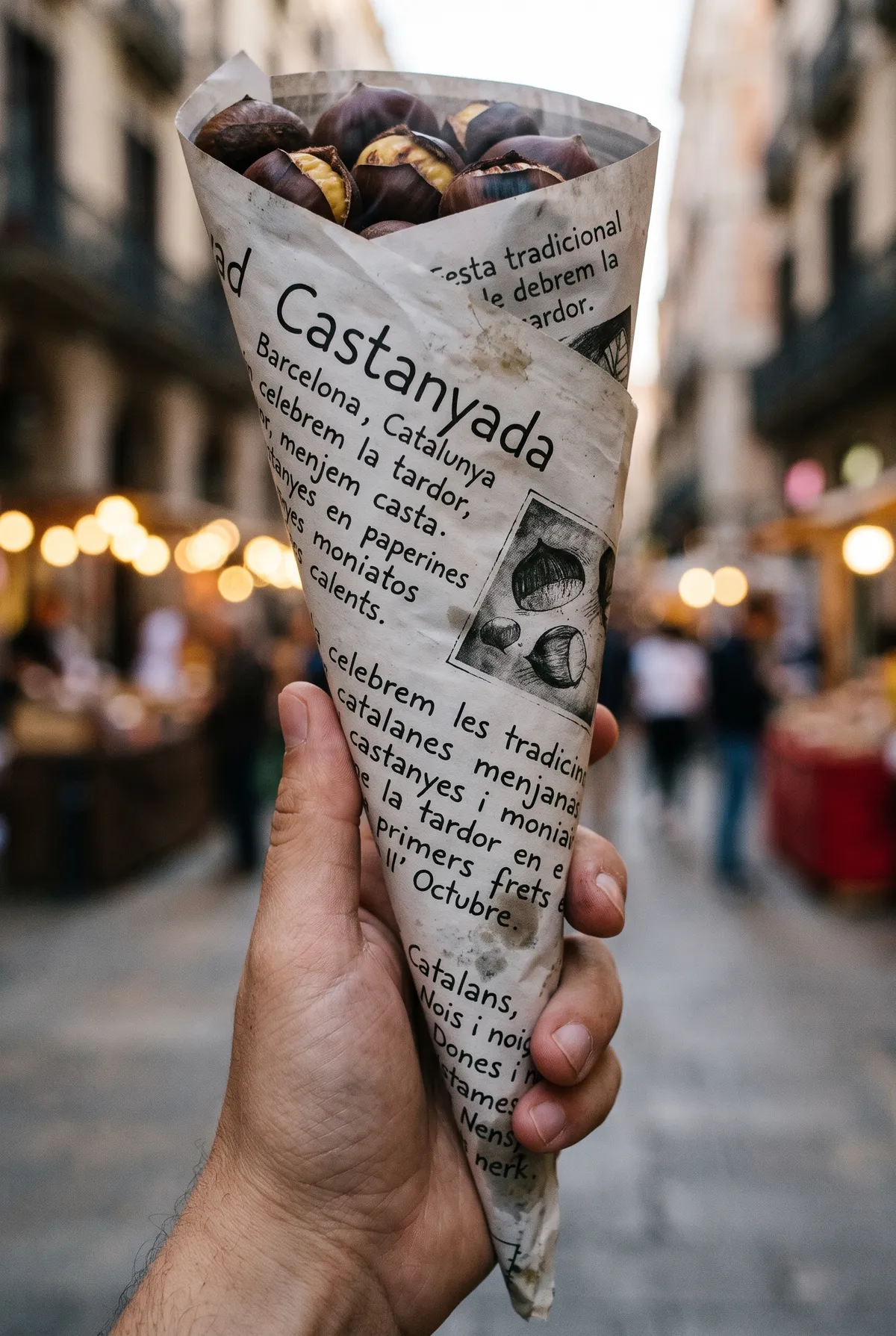 Ilustración de un cucurucho de papel lleno de castañas asadas, sostenido en alto en una calle del casco antiguo al atardecer.