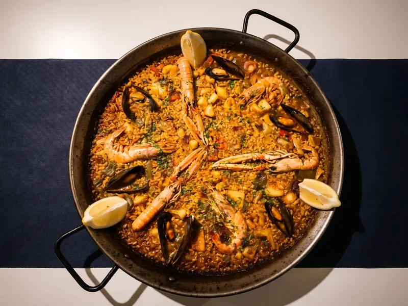 Una paella de marisco en su paellera, con gambas enteras, cigalas, mejillones y gajos de limón sobre el arroz con azafrán.