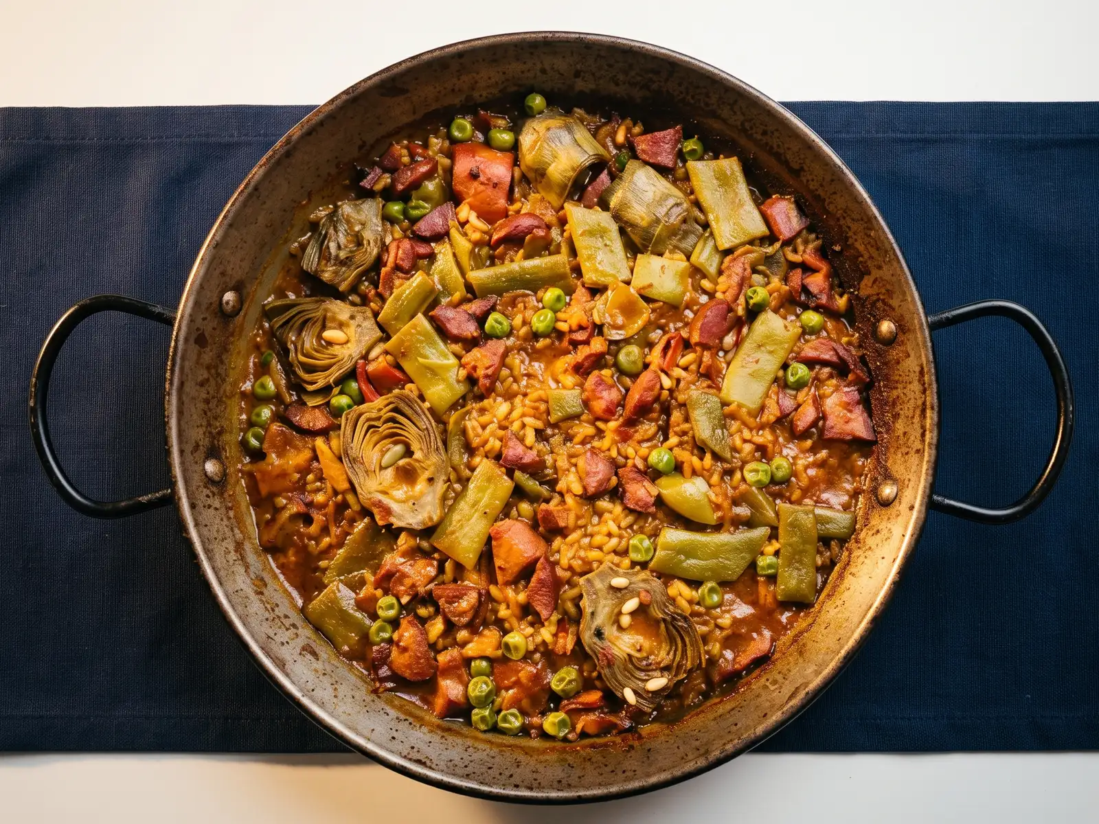 Paella de pollo en la paellera, con alcachofas, judía verde, guisantes y piñones sobre el arroz.