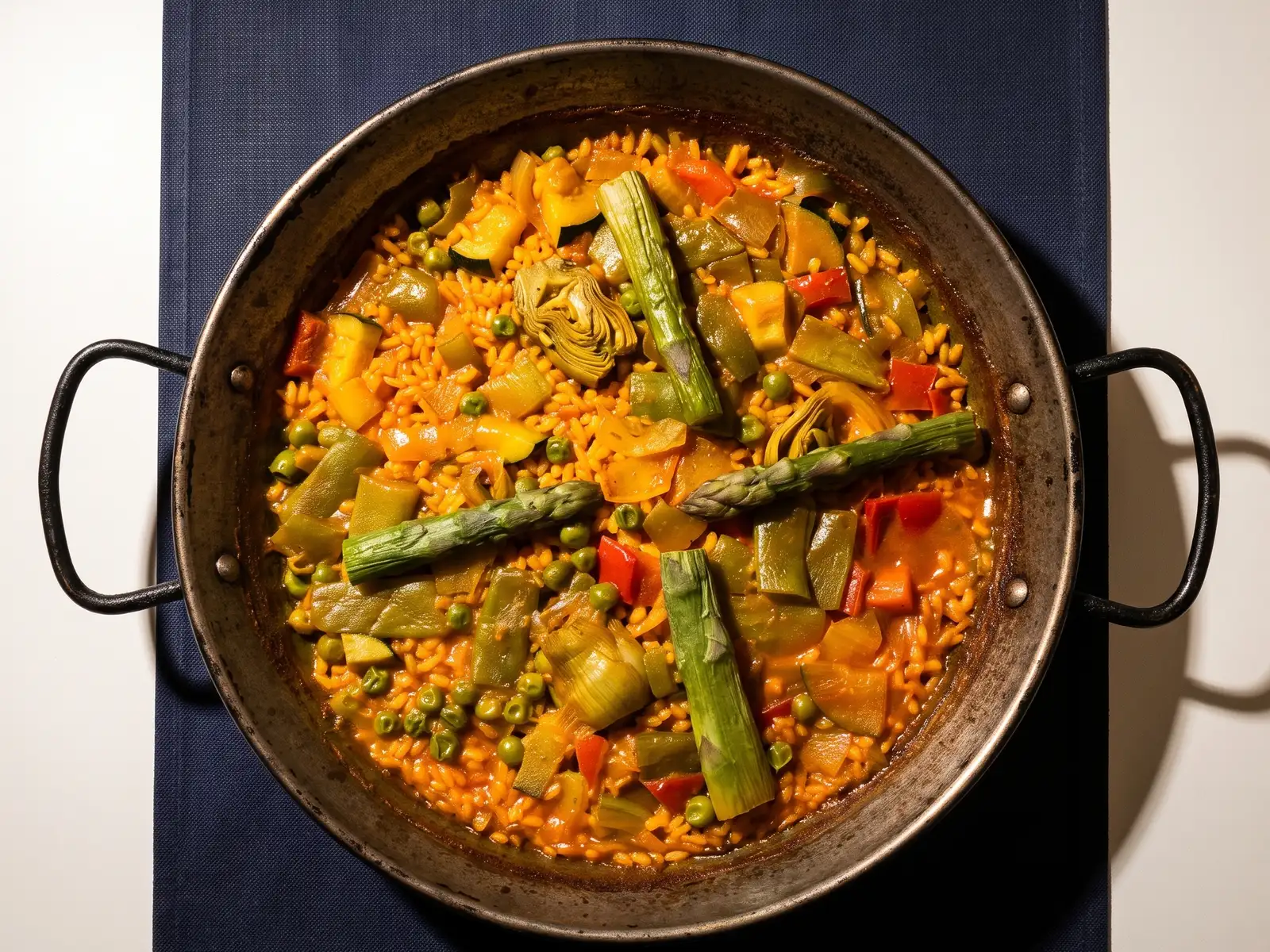 Paella de verduras en la paellera, con alcachofas, espárragos verdes, judía verde, guisantes y pimiento rojo.