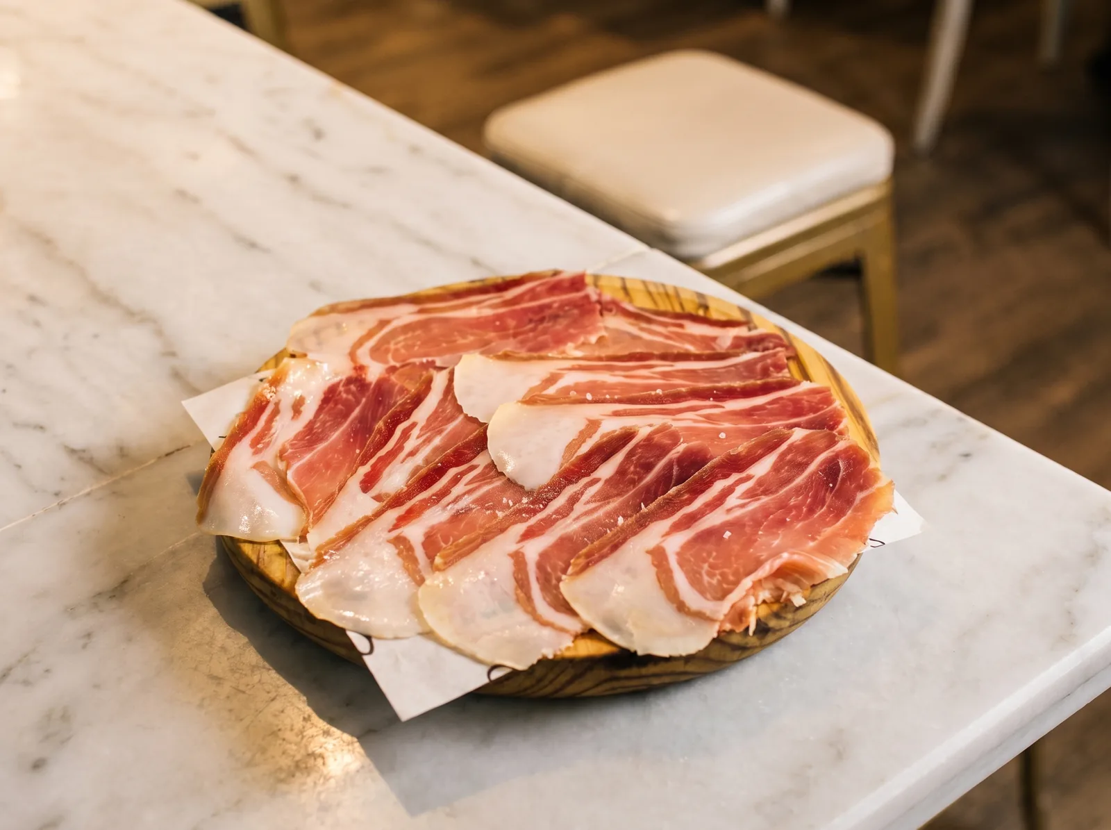 Lonchas de jamón ibérico extendidas en una tabla redonda de madera, sobre una mesa de mármol.