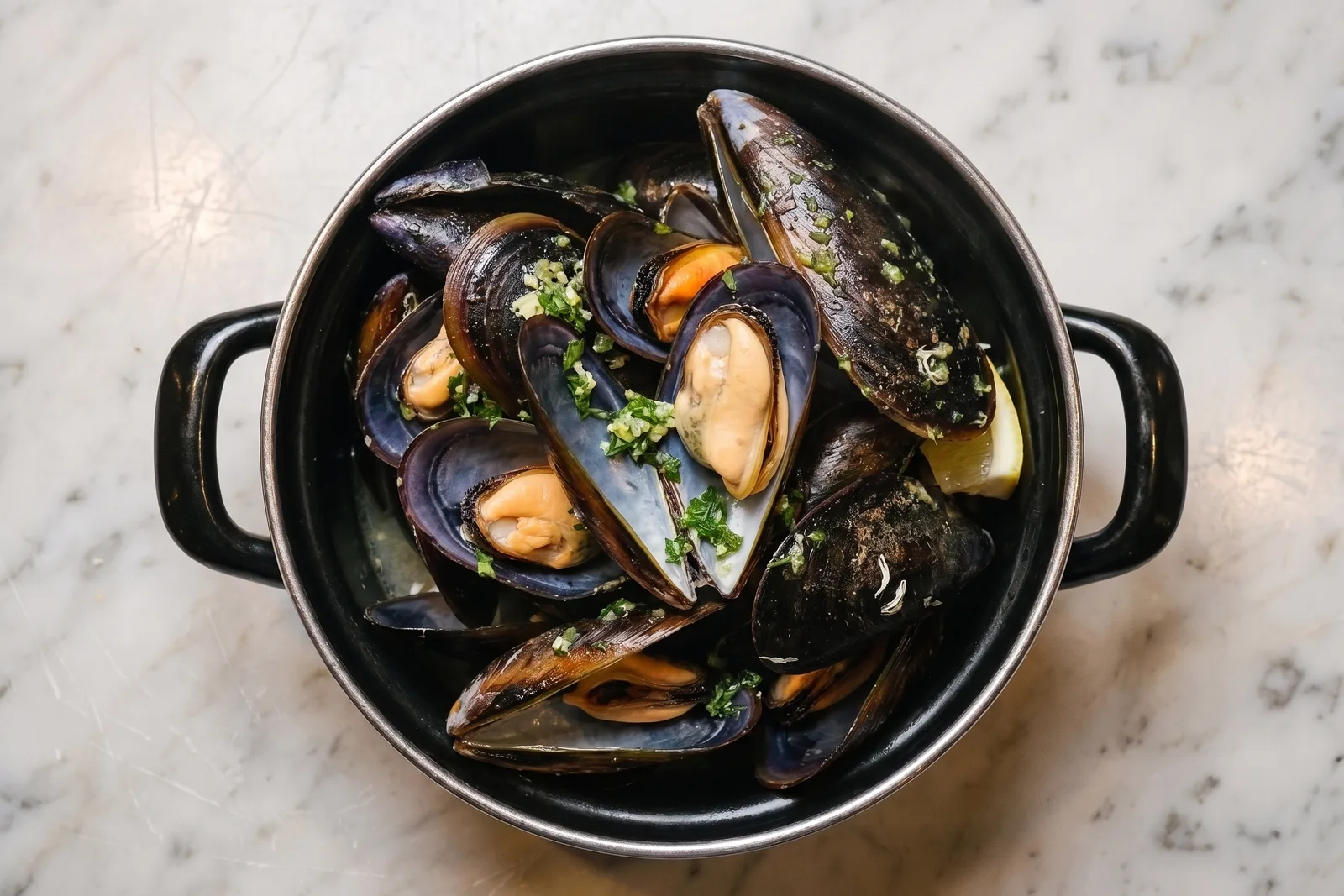 Mejillones gallegos abiertos en una cazuela negra, con ajo y perejil picados y un gajo de limón.