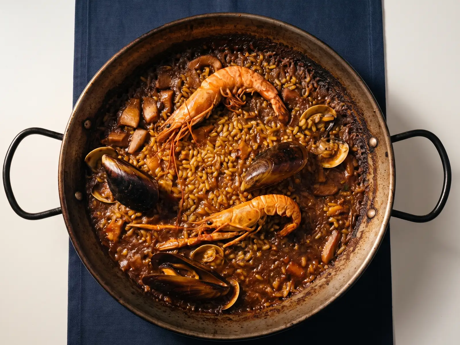 Paella mixta en la paellera, con dos gambas enteras, mejillones, almejas y trozos de carne sobre el arroz.
