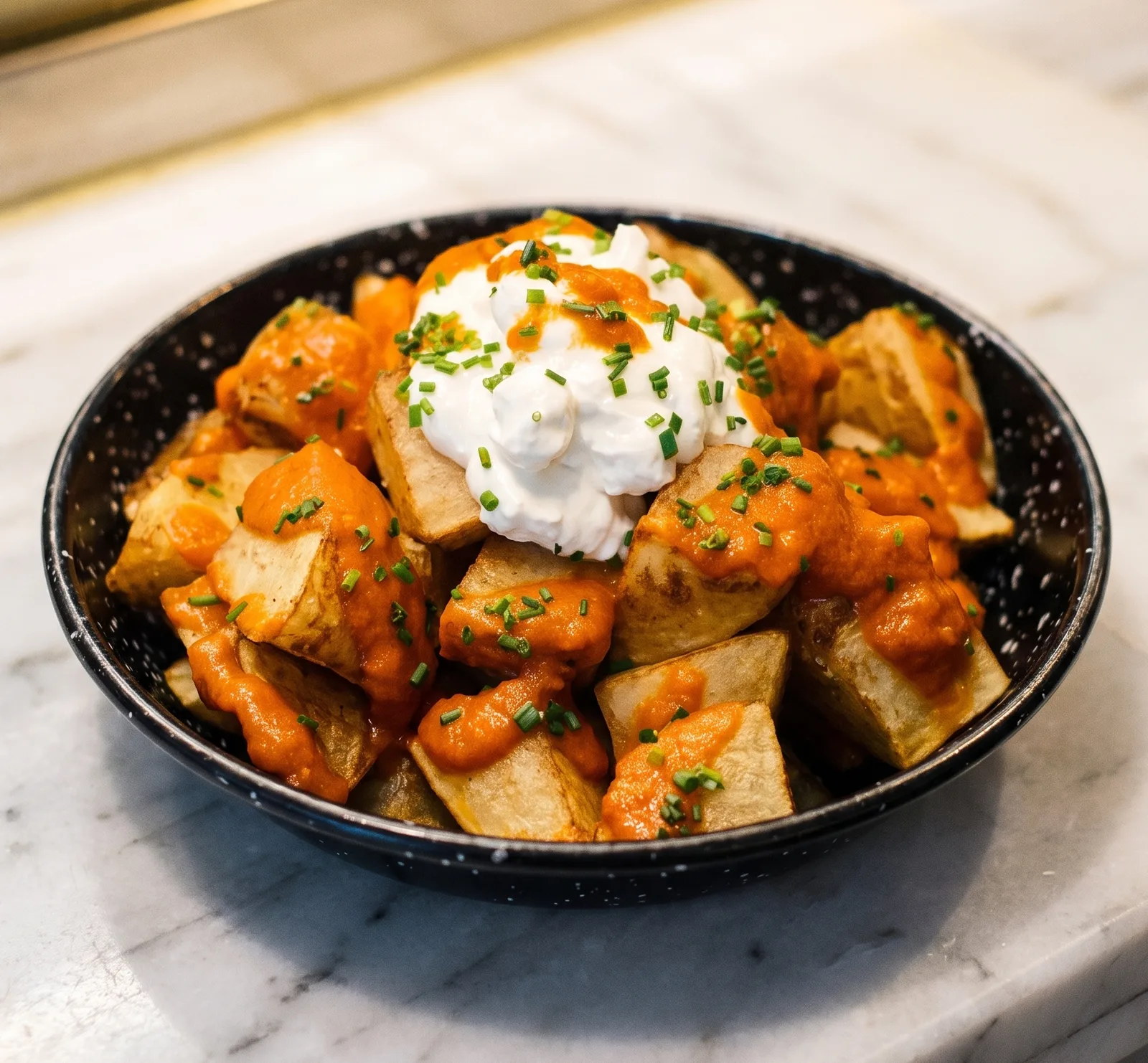 Patatas bravas en su cazuela negra, con la salsa por encima, un copete de alioli y cebollino picado, sobre el mármol de la barra.