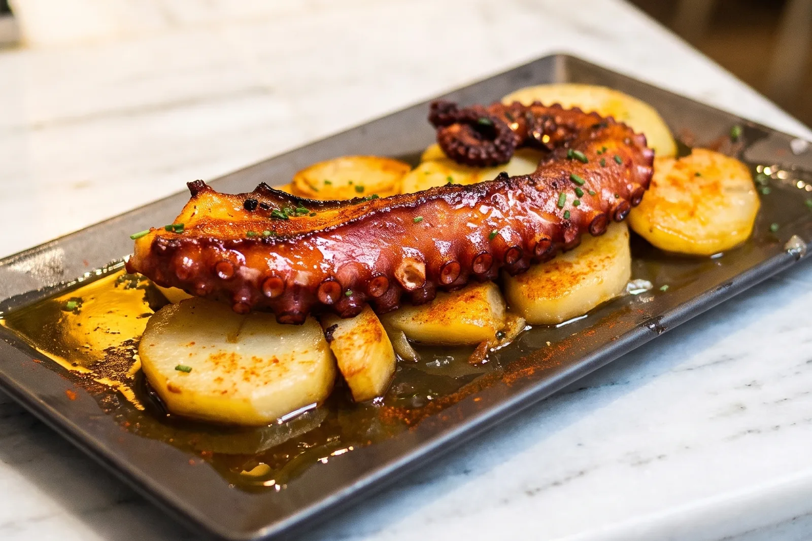 Un tentáculo de pulpo a la parrilla sobre patatas confitadas en rodajas, con pimentón y aceite, en una bandeja de metal.