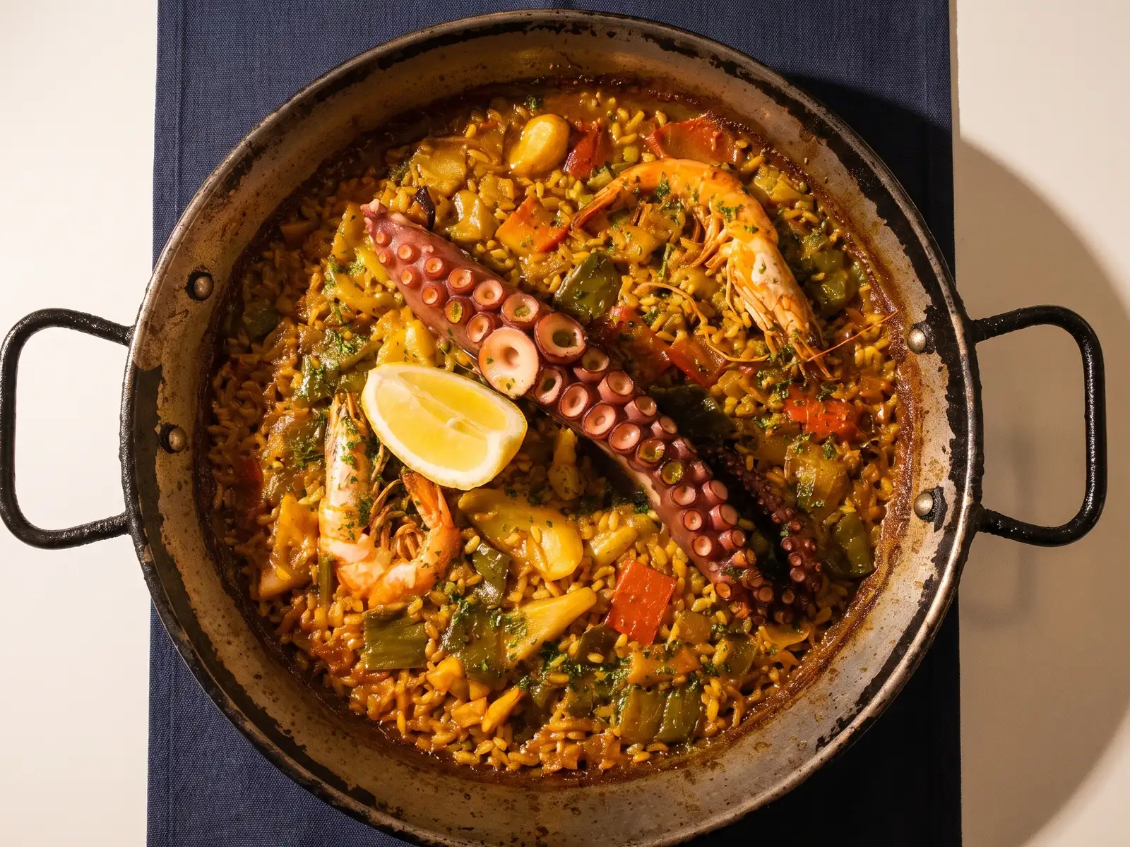 Paella de pulpo en la paellera, con un tentáculo entero, una gamba, pimiento, judía verde y un gajo de limón.