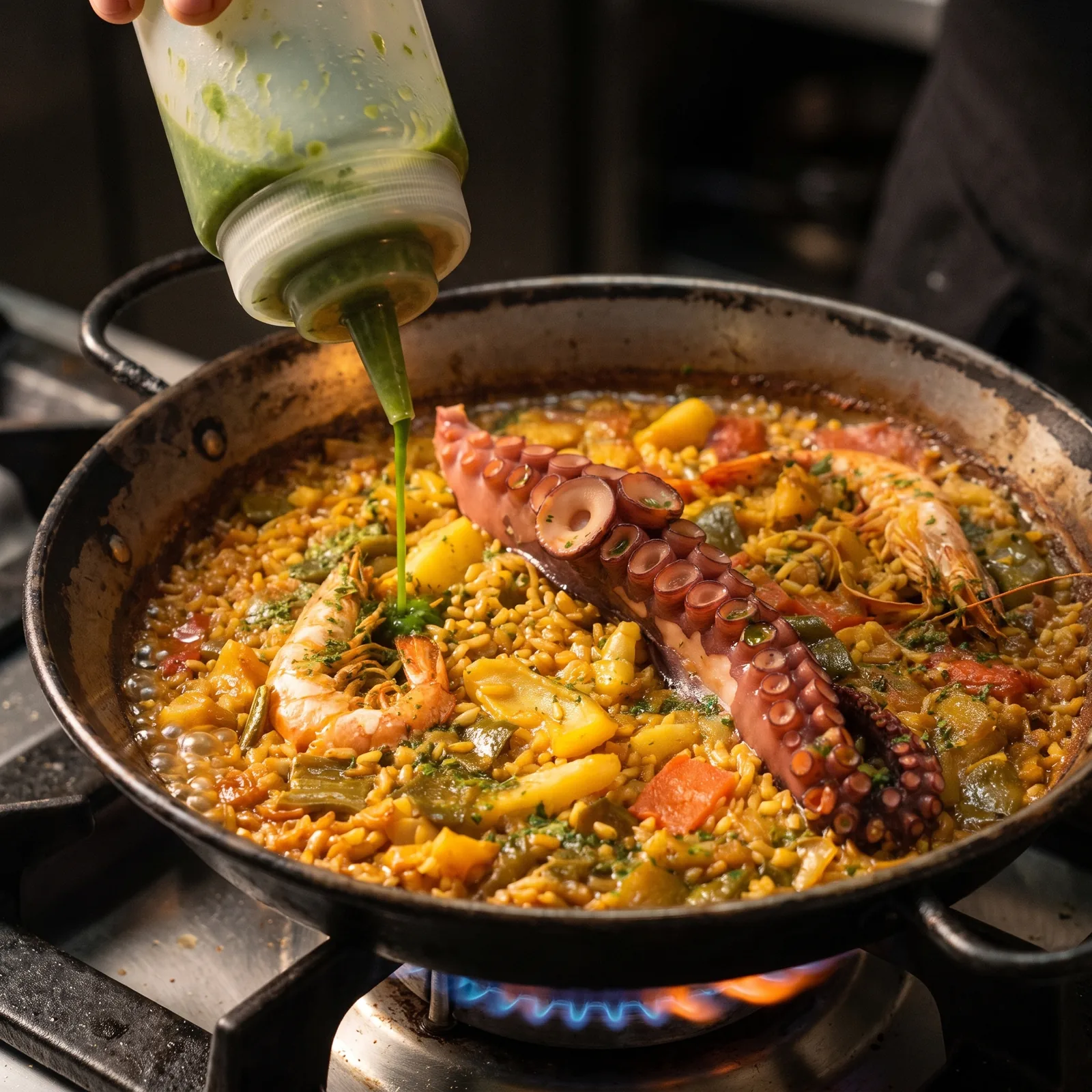 Un arroz terminándose en el fuego, con la picada verde por encima del pulpo, la gamba y las verduras.