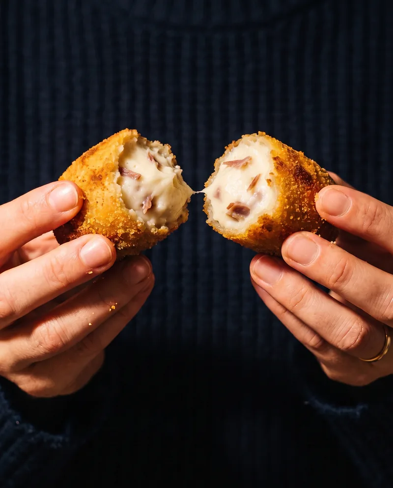 Un croquetón abierto por la mitad entre dos manos, con la bechamel de jamón a la vista.